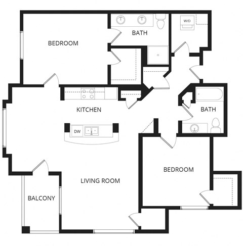 Floor plan for 2 beds, 2 baths, 1225 sqft